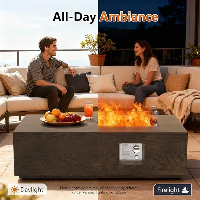 2-Piece 42" Rectangular Propane Fire Pit for Outside Patio with Hidden Tank Table, 50,000 BTU Fireplaces with Glass Wind Guard, Lid, Glass Rocks, Cover(Walnut Wood Grain)