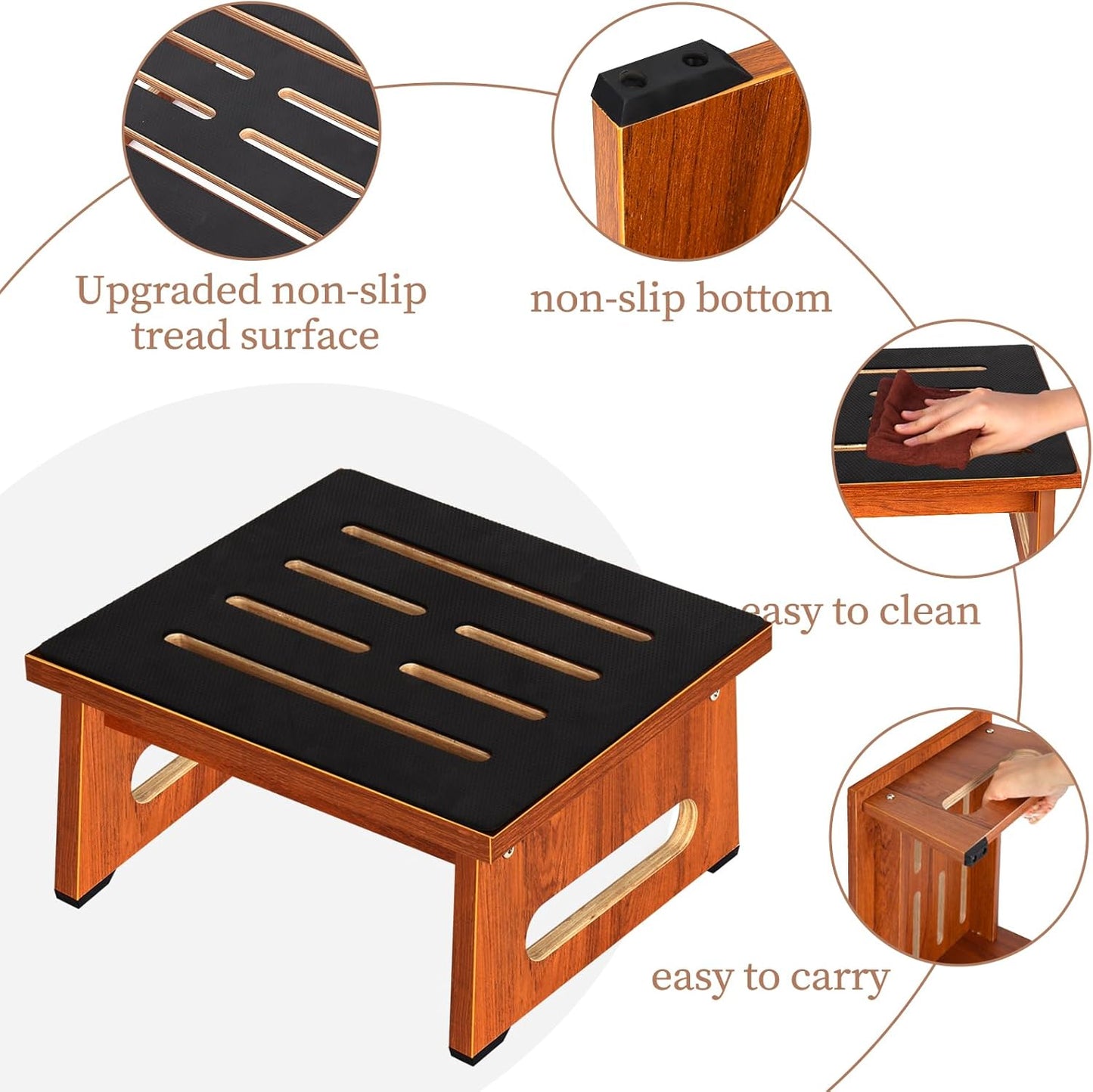 Wooden Step Stool - Non-Slip Design with 450 LBS Capacity | Easy Assembly for High Beds & Bathrooms - Rustic Brown