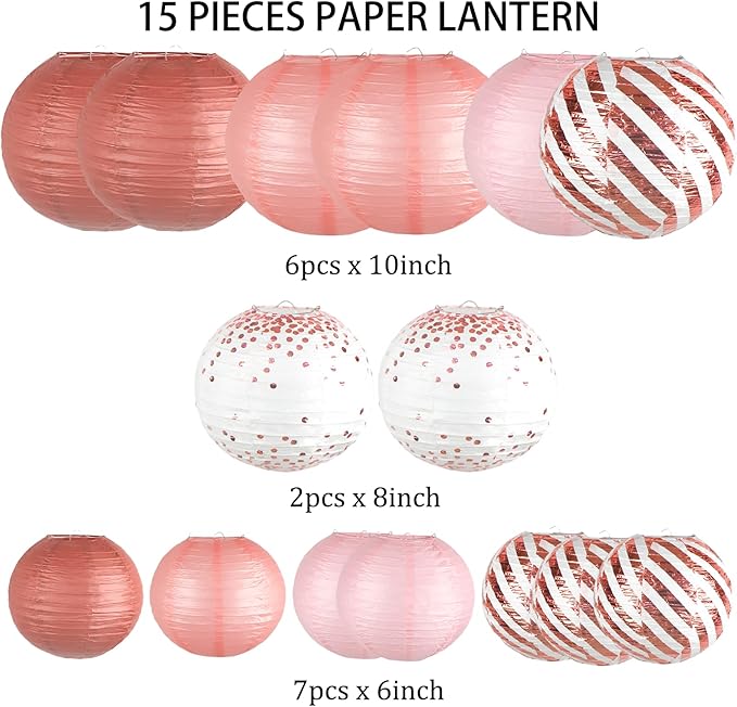 Paper Lanterns Decorative, Rose Gold Round Hanging Paper Lantern Decorations for Birthday Party Bridal Shower Wedding Baby Shower Engagement Valentine's Day Party Supplies