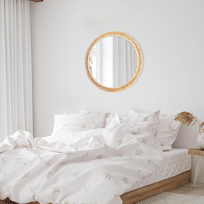21 Inch Boho Round Hanging Wall Mirror Decorative Rattan Circle Wall Mounted Mirror for Farmhouse, Living Room, Bedroom, Bathroom