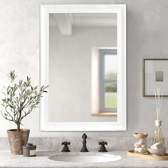 CULER White Wood Wall Mirror for Bathroom,Rectangle 20 x 30 inch Hanging Vanity Mirrors with Wooden Frame for Living Room,Bedroom,Entryway