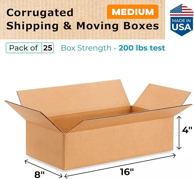 IDL Packaging - B-1684-25 Small Corrugated Shipping Boxes 16"L x 8”W x 4"H (Pack of 25) - Excellent Choice of Strong Packing Boxes for USPS, UPS, FedEx Shipping