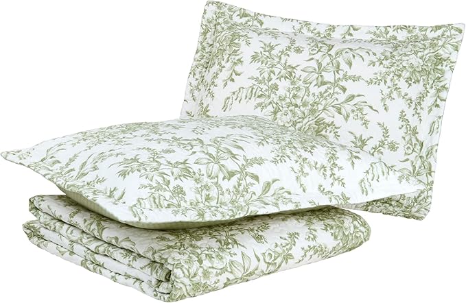 Laura Ashley - Twin Quilt Set, Reversible Cotton Bedding with Matching Sham, Lightweight Home Decor for All Seasons (Bedford Green/Off-White, Twin)