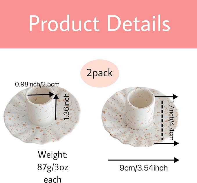 Ceramic Taper Candle Holders for Table Centerpiece, Decorative Candlestick Holders for Home Wedding Party, Housewarming Gifts, Pack of 2, Round Shape, White with Brown Splatter Ink Design