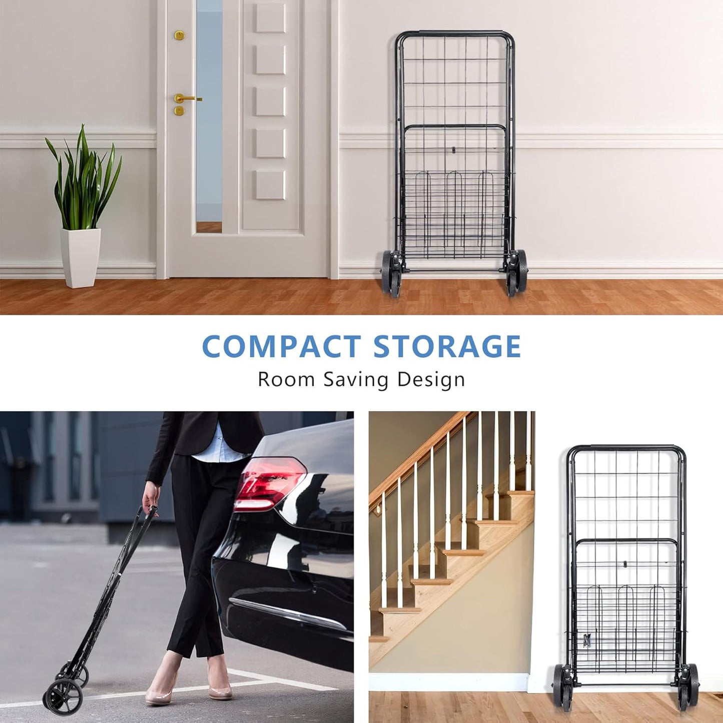 SUPER DEAL Folding Shopping Cart - Durable Wheels & Double Basket for Groceries, Black