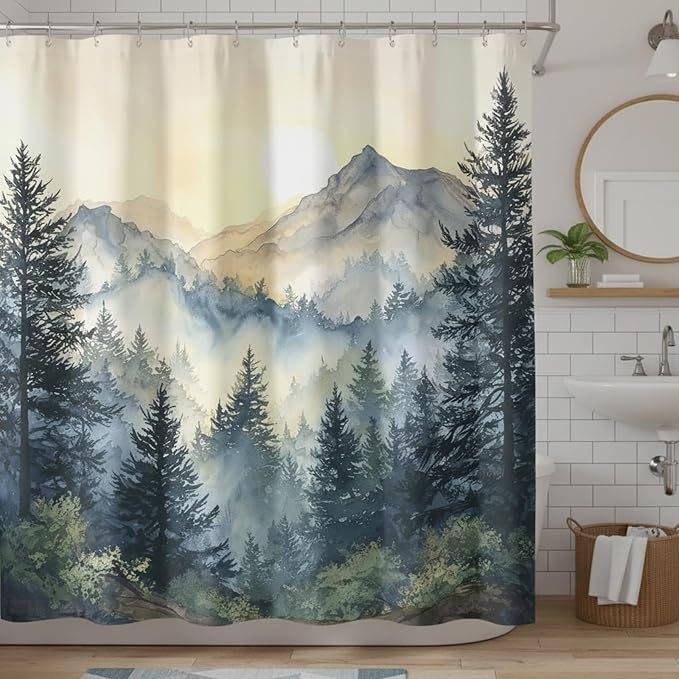 Misty Forest Mountain Shower Curtain, Nature Scenery Watercolor Pine Tree Landscape, Foggy Morning Mountain Peak Aesthetic Bathroom Decor, Waterproof Fabric, 72x72 Inch.