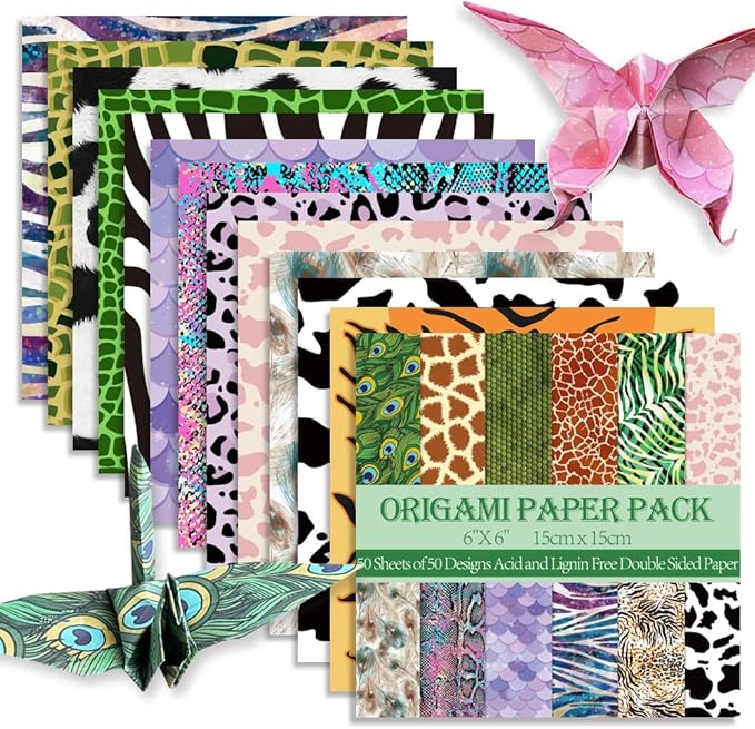Square Origami Paper 6x6 Double Sided 50 Sheets 50 Colors 70GSM Origami Kit Japanese Chiyo Easy Fold Arts Crafts DIY Handwork Animal Fur