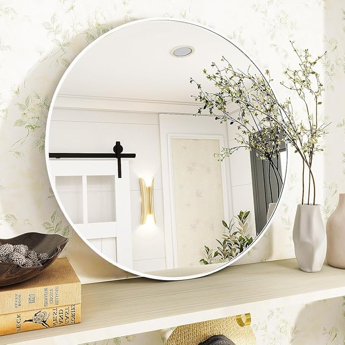 VooBang White Round Bathroom Mirror, 24 inch Circle Wall Mounted Hanging Mirror with Simple Modern Circular Metal Frame for Hallway, Entryway, Living Room, White Frame