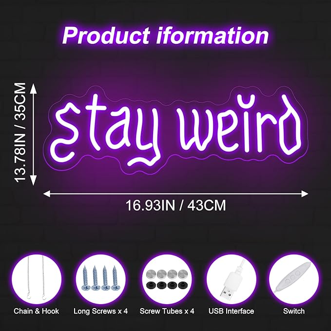 Stay Weird Neon Sign, Gothic Decor, Skeleton Hand Neon Sign, Vintage Font,Dark Art Decor for Bedroom, Living Room, Man Cave, Bar, Game, and Club, Living Room Birthday Party-Purple