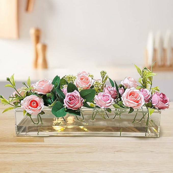 2Pcs Acrylic Flower Vase Rectangular Clear Acrylic Modern Vases- Total 24 Inches Long Rectangular Floral Centerpiece Low Decoration Vase for Dining Table Halloween Party Decor Wedding（24Holes）