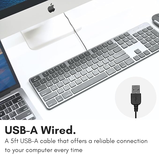 Macally Slim USB Wired Keyboard for Mac - Compatible Full Size Apple Keyboard with 104 Key Layout & 16 Shortcut Keys - Scissor Keycaps for Tactile Typing for Mac mini, MacBook Pro/Air, iMac