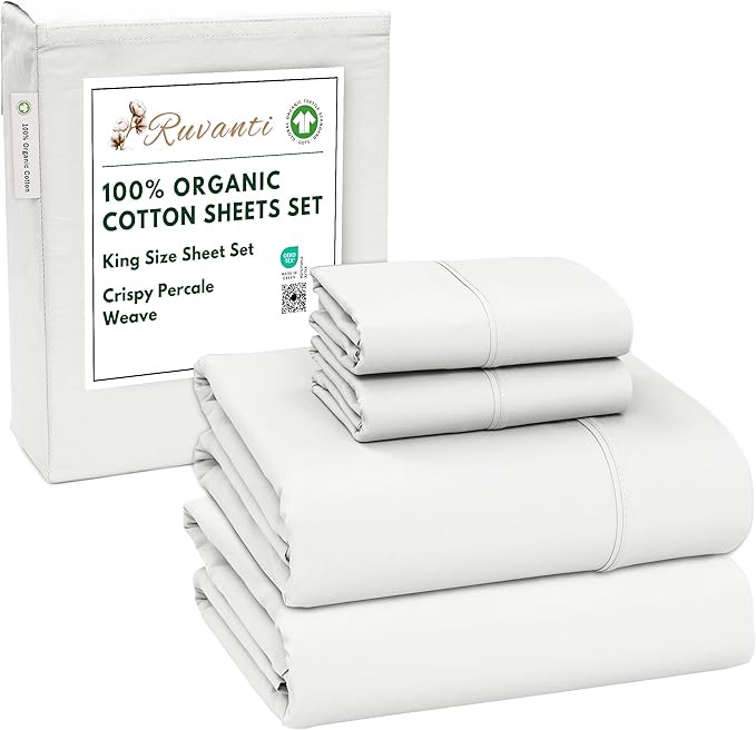 RUVANTI 100% Organic Cotton Sheets King Size, Percale Weave, GOTS Certified, 4-Piece Set, Deep Pocket 15", Crisp & Breathable, Soft Durable Bedding, Sábanas Algodón Orgánico – Bit of Blue