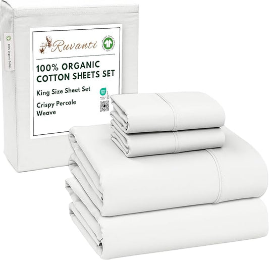 RUVANTI 100% Organic Cotton Sheets King Size, Percale Weave, GOTS Certified, 4-Piece Set, Deep Pocket 15", Crisp & Breathable, Soft Durable Bedding, Sábanas Algodón Orgánico – Bit of Blue