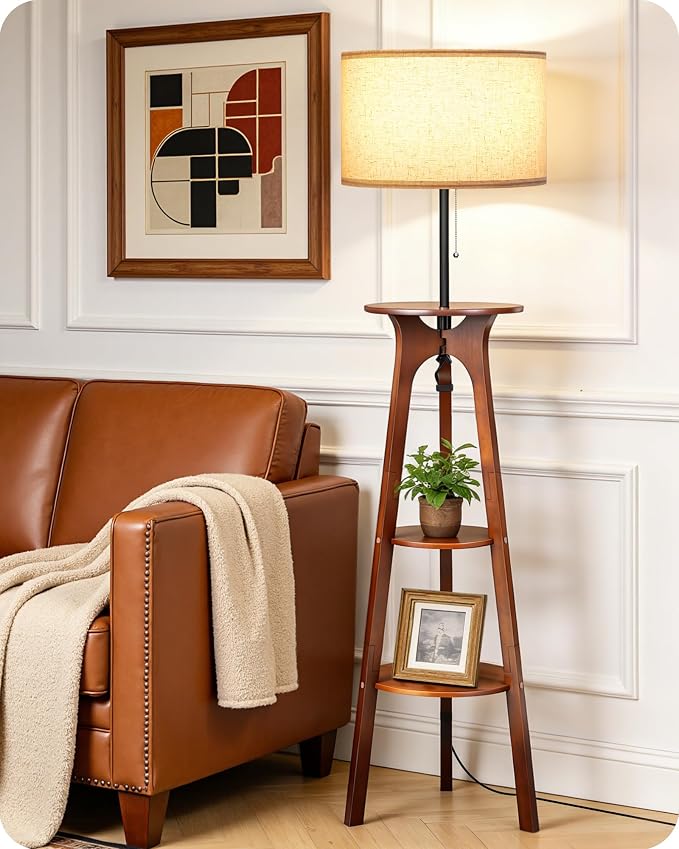 3 Tier Shelf Floor Lamps, Wood Tripod Floor Lamp, Large Linen Lampshade, 3 Color Temperature LED Bulb Included, Modern Shelf Floor Lamp for Living Room Bedroom Beige and Walnut STE25LD05
