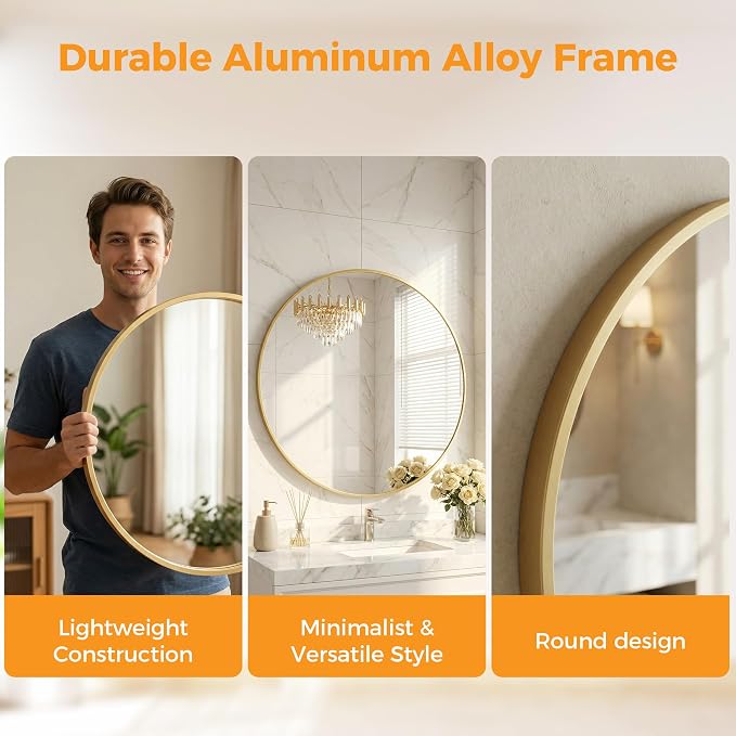 Sweetcrispy Round Bathroom Mirror for Over Sink, 28 Inch Wall Mounted Vanity Mirror with Matte Metal Frame, Decor for Bathroom, Entryway, Bedroom, Gold