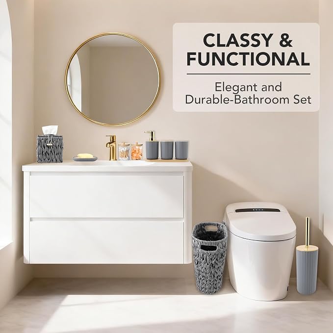 Bathroom Accessory Set, 10 Pieces Bath Set- Wicker Trash Can Tissue Box Soap Dish Toothbrush Holder Rinse Cup Lotion Bottle Toilet Brush Qtip Holder - Practical Bathroom Decor Sets (Grey, Bath Set)