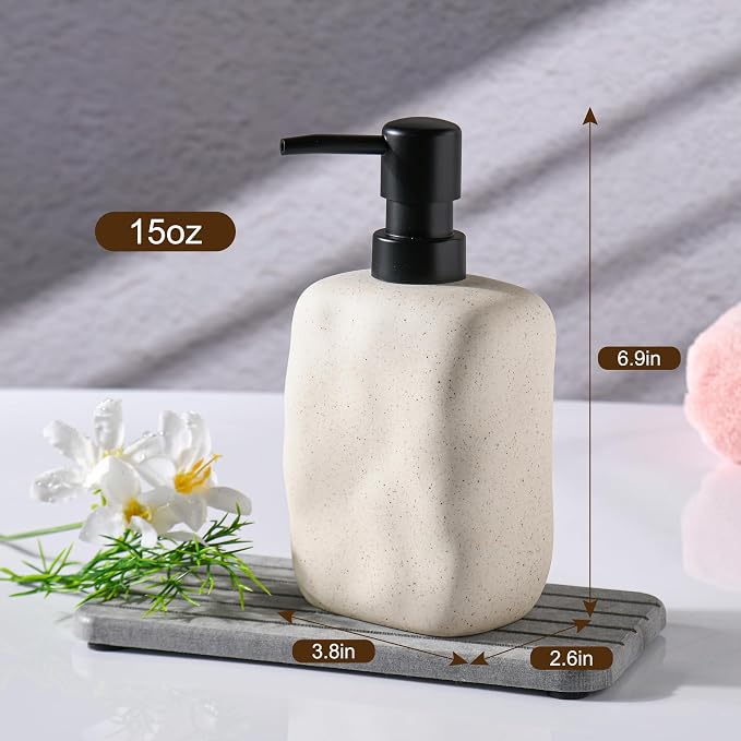 Modern Ceramic Soap Dispenser, Beige Speckled Finish, Black Pump Top, Refillable Liquid Container for Bathroom Kitchen (Beige, 1 Pack)