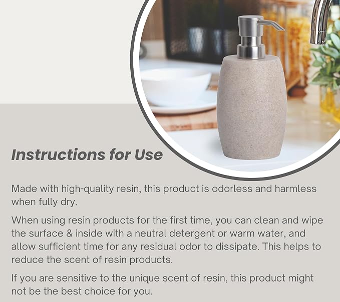 Clasin Home Sandstone Textured Resin Soap Dispenser with Metallic Pump and Waterproof Bottle Labels for Bathroom Kitchen Dish Hand Wash Shower Lotion Shampoo, 12 Oz, Beige