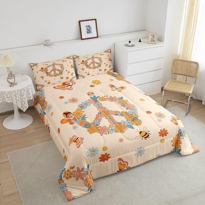 Castle Fairy Retro 70s 60s Hippie Bedding Comforters Queen Size,Groovy Flowers Butterfly Honeybee Comforter Set with 2 Pillowcases,Floral Peace Symbol 3pcs Children Adult Duvet Set,Soft