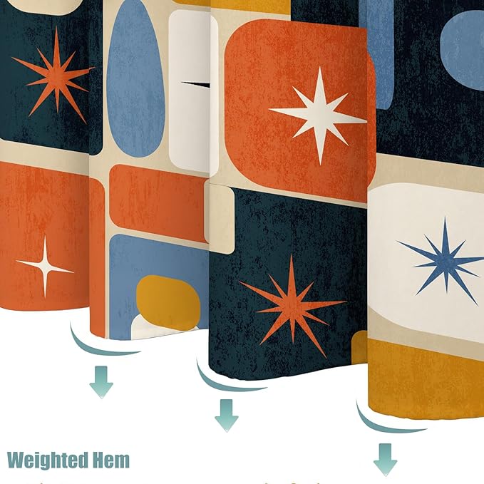 Mid-Century Modern Geometric Shower Curtain, Retro 1950s Atomic Starburst & Abstract Shapes, Vintage Orange Navy Blue Mustard Yellow Aesthetic Bathroom Decor, Waterproof Fabric, 72x72 Inch.