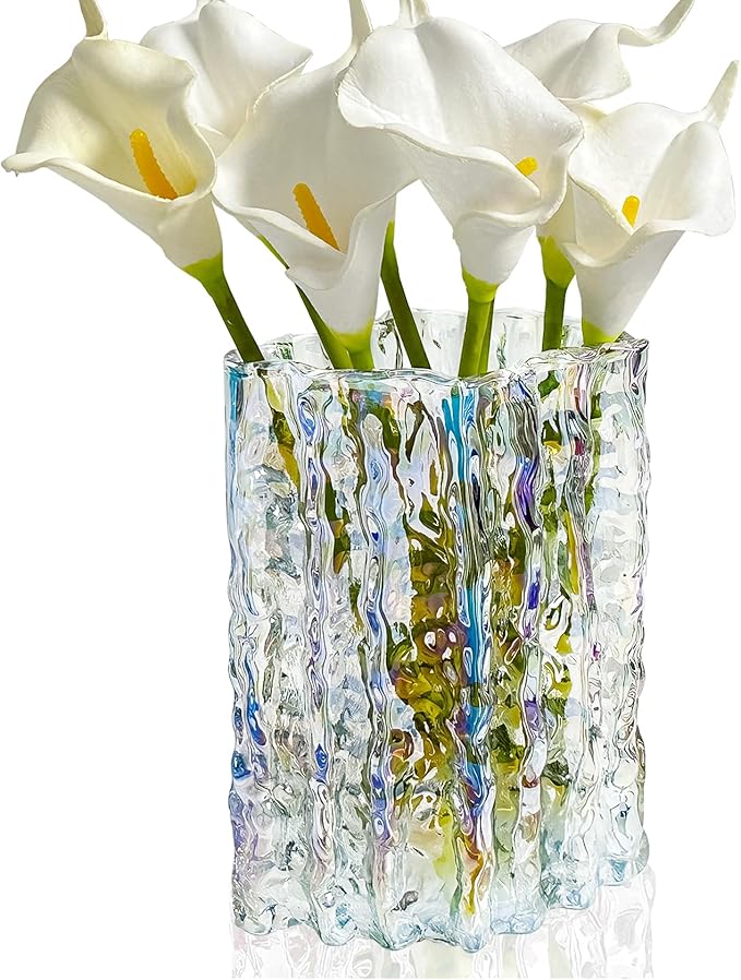 Aoderun Glass Vase Crystal Vase Heavy Duty Large Flower Vase for Dining Table Kitchen Office Home Shelf Wedding Living Room Centerpieces(Iridescent Clear)