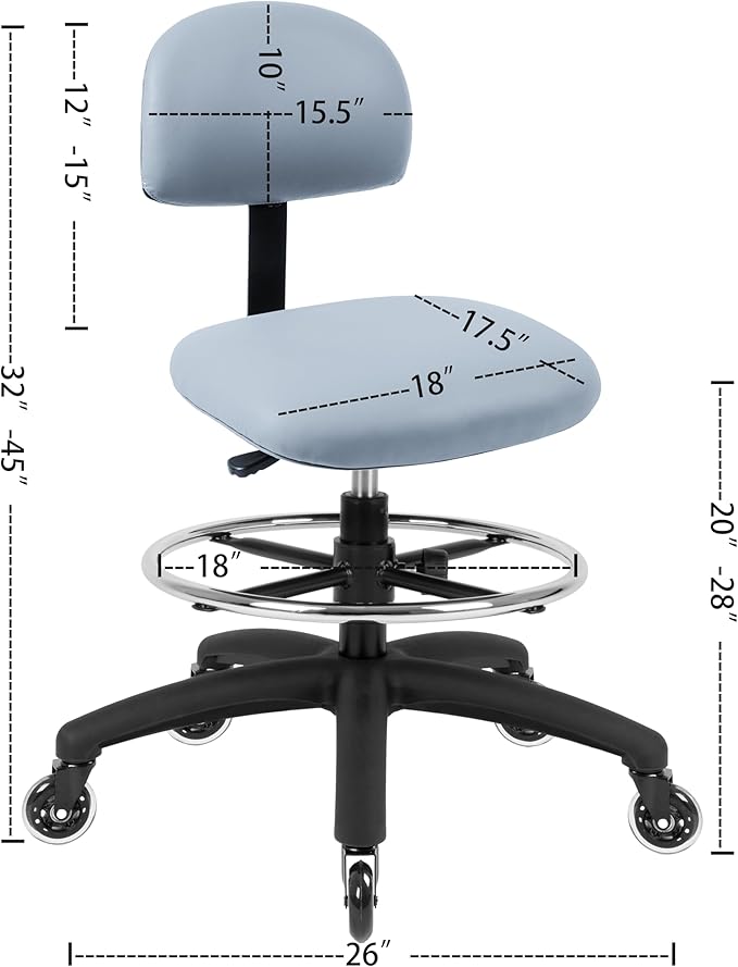 Chair Master FSS Series Square seat (20"-28") seat Height Chair. Vinyl-for Office, Garage, Desk, Shop, Computer, Doctor, Medical, Easy to Clean! 18" Footring (Gray, Mid Stool, Rubber Roller Casters)