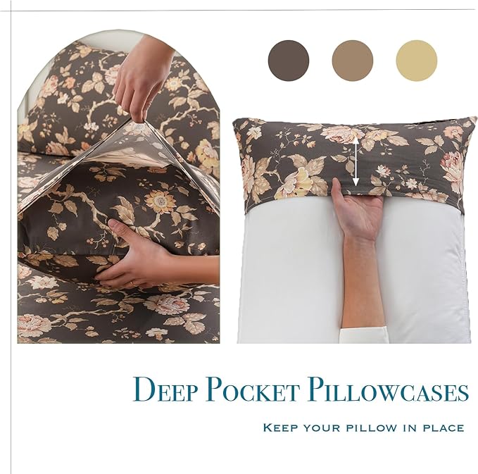Zusbest Dark Brown Floral Bed Sheets Set - Full Size Percale Cotton Shabby Rustic Peony Flower Print Bed Sheets - Soft Breathable Mocha Classic Vintage Bedding 4 Pcs Deep Pocket Flower Bed Sheets