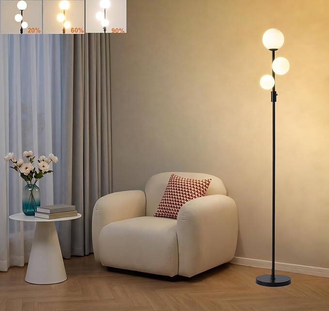 Fiqevs Upgraded Dimmable 3 Globe Mid Century Modern Floor Lamp, 3 x 3000K Warm Light LED Bulbs Included, Matt Black Standing Lamp with Sphere Glass Shade, Vintage Tall Lamp for Living Room, Bedroom