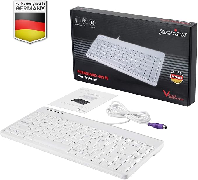 Perixx PERIBOARD-409PW Wired PS2 Mini Keyboard - 12.36x5.75x0.79 inches Dimension - White - US English Layout,PB-409PWUS-11829