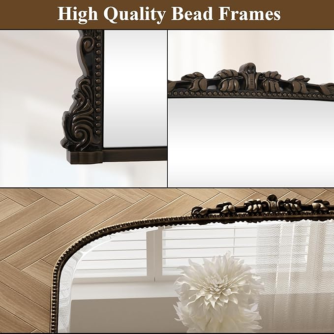 27"×36" Bronze Wide Arched Wall Mirror, Vintage Carving Bathroom Vanity Makeup Mirror, as Wall Decor Hanging Leaning for Fireplace Mantle, Living Room, Bedroom, Vanity Area