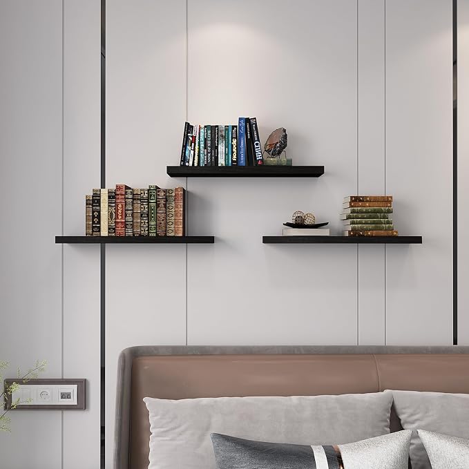 SAUMONIERES Floating Wall Shelves for Bedroom Bathroom Wall Mounted Solid Wood Shelf 24 Inch Set of 3, Black