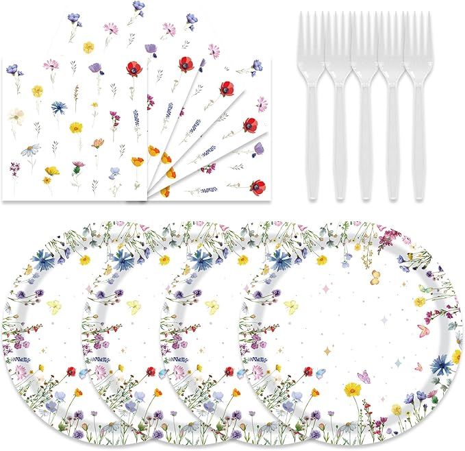 48pcs Flower Party Decoration Set,16 Dessert plate,16 Napkin And 16 Fork,16 persons Baby in Bloom Floral Disposable tableware,Wildflower Birthday Party Supplies (Multicolor 24)