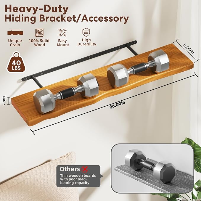 Solid Wood Live Edge Floating Shelves Set of 2 – 36" Rustic Wall Shelf with Hidden Bracket System, Wall Mounted Shelves for Bathroom, Kitchen, Living Room, Bedroom (Honey Walnut)