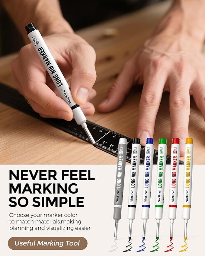 Nicpro 12 PCS Long Nib Marker Pens, 20mm Deep Hole Markers, Quick Dry & Waterproof Construction Marker, Long Head Mark Pens for Metal, Steel, Tile, Glass, Carpenter Marking Tool for Woodworking