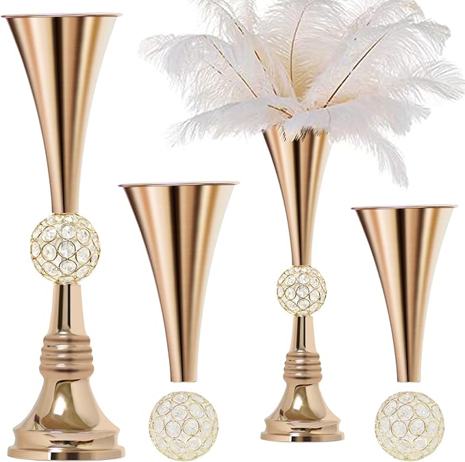 VIJIV 22" Gold Luxury Flower Vase for Wedding Centerpieces - Crystal-Embedded Tall Geometric Metal Vase for Feather, Rust-Resistant Table Decor for Gatsby Party/Reception/Hotel Floral Arrangements