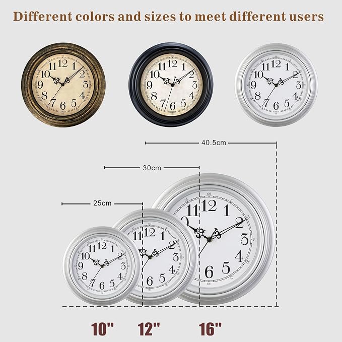 Plumeet Small Retro Wall Clock, 10'' Non Ticking Classic Silent Vintage Wall Clocks Decorative Kitchen Living Room Bedroom - Battery Operated, Silver