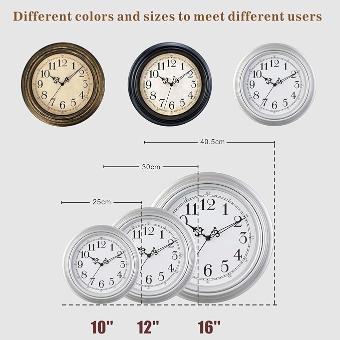 Plumeet Extra Large Retro Wall Clock, 16'' Non Ticking Classic Silent Vintage Wall Clocks Decorative Kitchen Living Room Bedroom - Battery Operated, Black