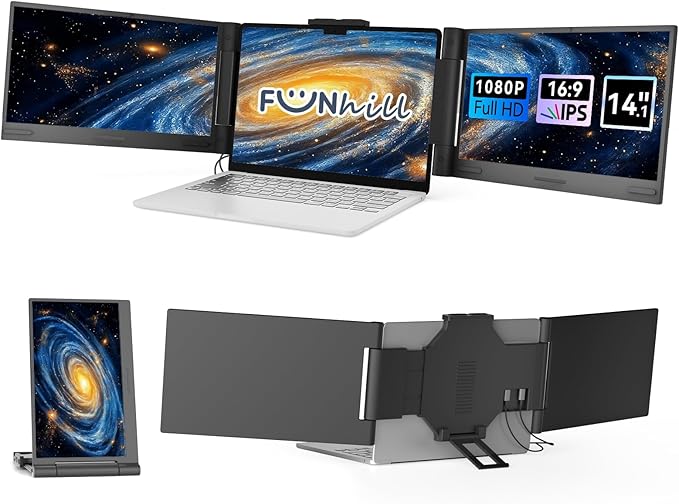 Laptop Screen Extender 14 inch Laptop Monitor Extender 1080P IPS, Triple Portable Monitor for Laptops 13-17.3" with USB-C DP/HDMI Port, Plug-Play Portable Screen for Windows/Mac/Chrome/Android