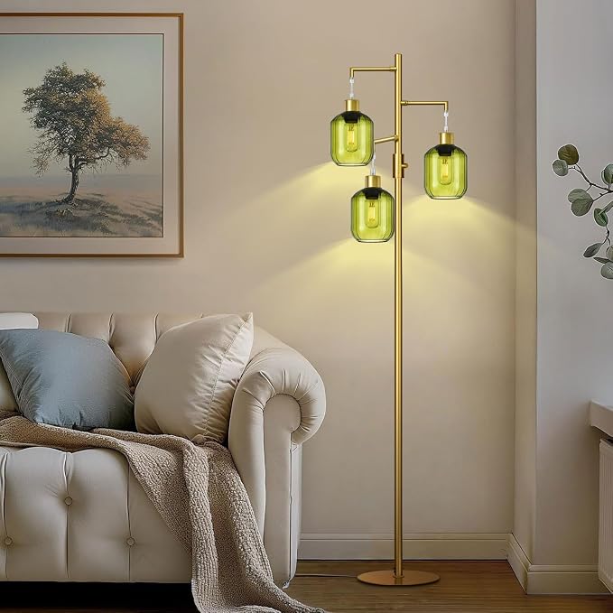 Glass Floor Lamps for Living Room, Modern Standing Lamps with Green Shade, Dimmable Green Tall Floor Lamp, Mid Century Gold 3 Lights Tall Tree Lamp with 3 LED Bulbs