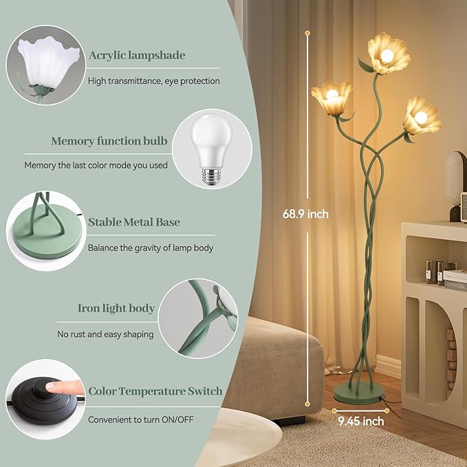 Elaruslux Vintage 3 Heads Flower Floor Lamp with Adjustable Gooseneck Corner Standing Tall Floor Lamp 3 Color Modes for Living Room Bedroom Reading Decoration Vine Floral Lamp with Lily of The Valley