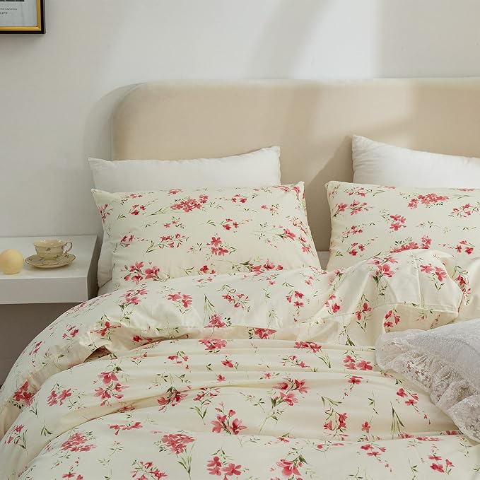 Floral Comforter Set Full Soft Bedding Set 3 Pieces Garden Style Red Flower Print Botanical Flowers Comforter for All Seasons 1 Comforter and 2 Pillowcases (Floral, Full)