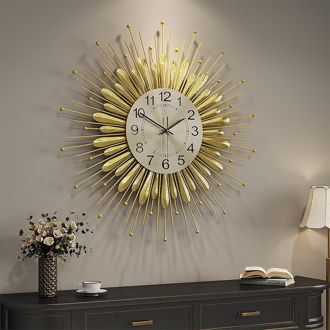 Cuspin Large Gold Wall Clock 30 Inch, Mid Century Modern Sunburst Decorative Design, Silent Non Ticking Battery Operated Metal Wall Clock, for Living Room, Dining Room, Bedroom, Office
