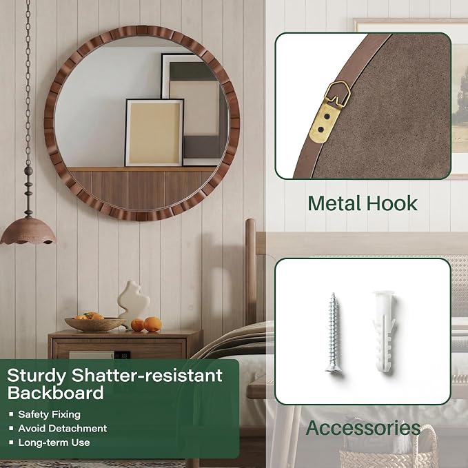 Round Wood Wall Mirror - 31.5" Farmhouse Rustic Wall Decorative Mirrors, Wooden Circle Boho Accent Mirror for Living Room, Bedroom, Bathroom, Entryway, Hallway, Fireplace (Walnut)