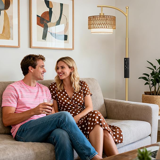 Ambimall Arc Floor Lamp for Living Room with Remote, Color Temperature & Brightness Adjustable, Boho Standing Lamp with Rattan & Fabric Double Drum Shades, Bulb Included(Gold)