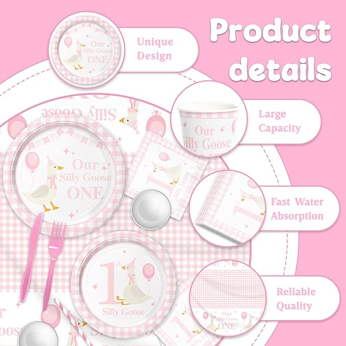 141pcs Silly Goose Birthday Party Decoration Pink Bow Silly Goose Baby Shower Decor Funny Table Gift for girls 1st Birthday Baby Shower Plates Cups Napkins Forks Knives Straws,Suitable for 20 Guests