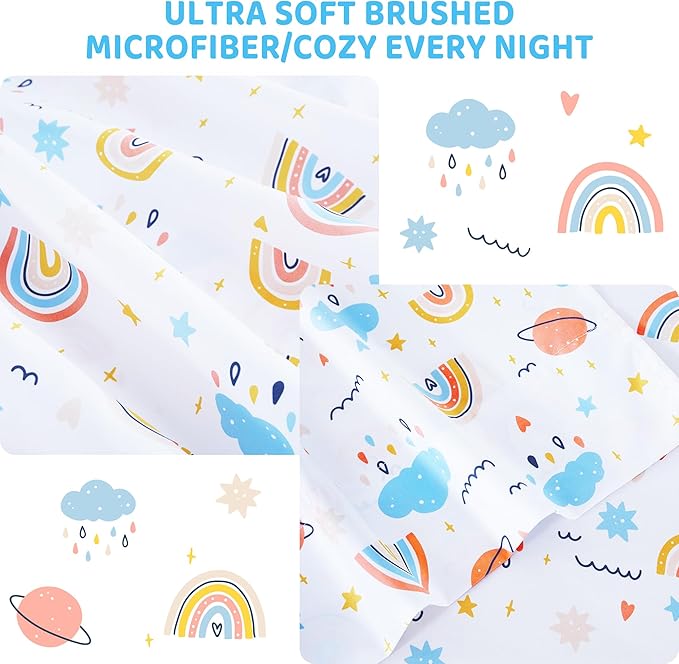 Viviland 3 Pieces Girls Rainbow Twin Sheet Set - Soft Microfiber Fitted Flat Sheets & Pillowcase - Colorful Cloud Bedding Sets - for Kids & Toddlers