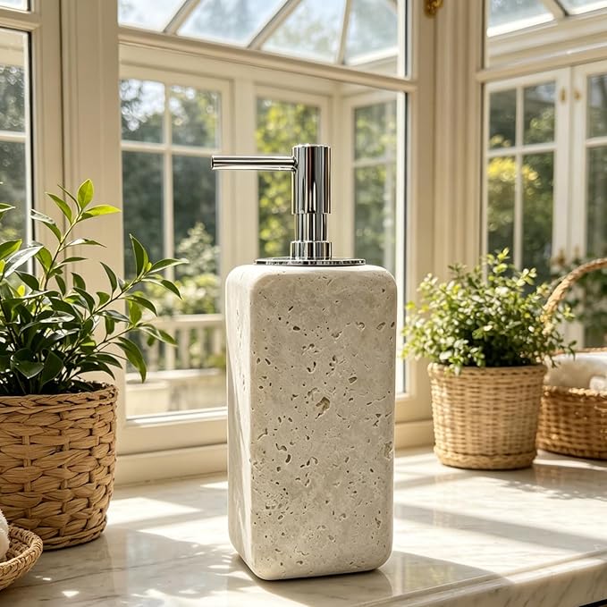 Travertine Stone Soap Dispenser Natural Organic Bathroom Soap Pump with Metal Push Pump, Elegant Square Hand Lotion Jar, Premium Heavy Duty Pump Bottle Lotion Jar for Kitchen/Laundry Room(Ivory White)