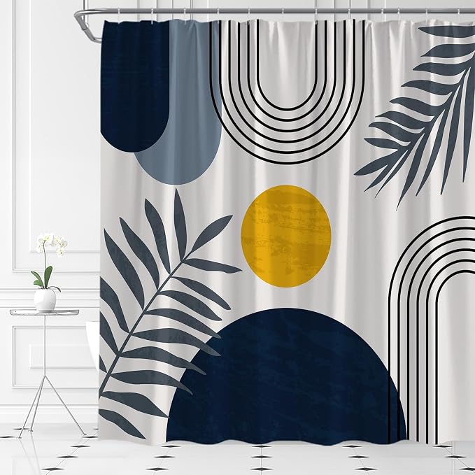 Mid Century Modern Shower Curtain Boho Navy Blue Abstract Retro Aesthetic Fabric for Bathroom Decor Bathtub with Hooks (67" WX70 H)