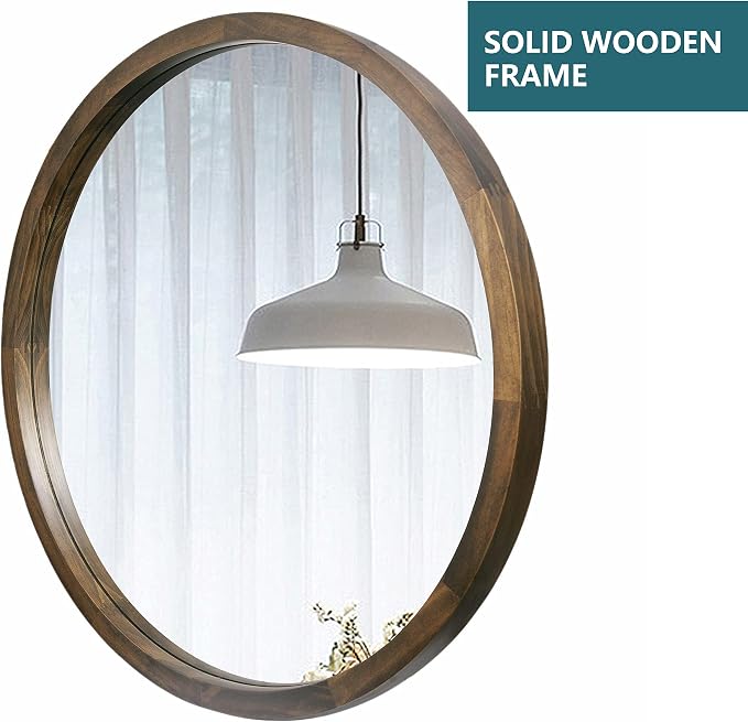23.6 Inch Round Wall Mirror for Bathroom Large Circle Vanity Mirror for Wall Decor-Wooden Frame for Entryway Bedroom Living Room(Two-Tone Brown)