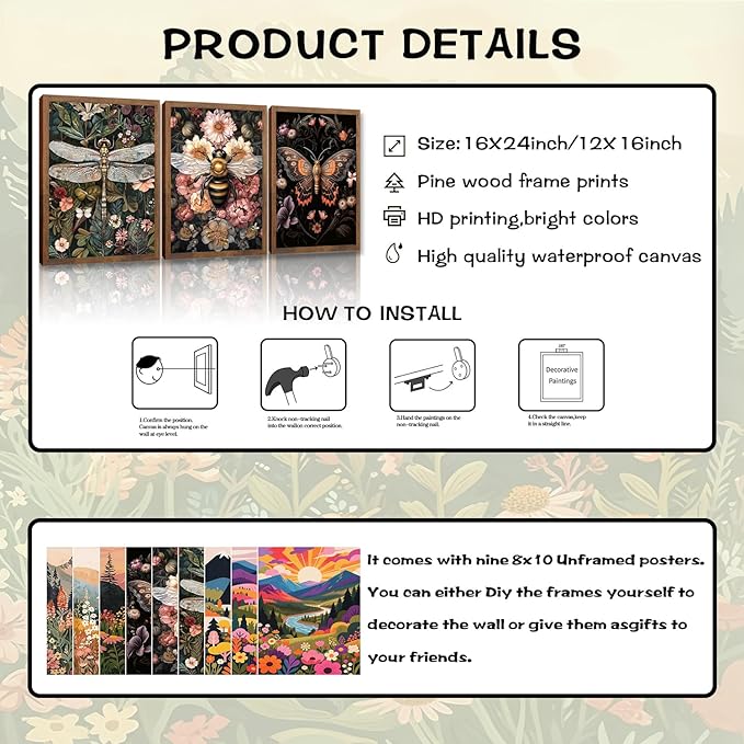 Retro Insect Bee Butterfly Dragonfly Wall Art Set Of 3 12x16In Wood Framed, with 9 Bonus Posters 8"x10", Nature plant Canvas Decoration Paintings Artwork for Office Bedroom Living Room Home Decor